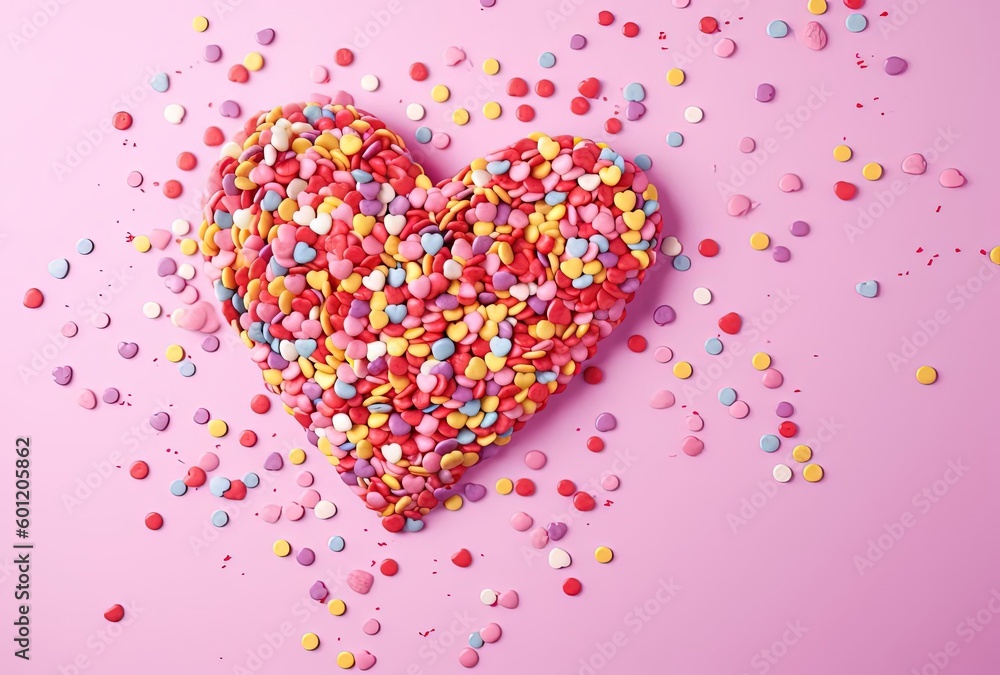a colorful sprinkle heart on pink background, generative ai