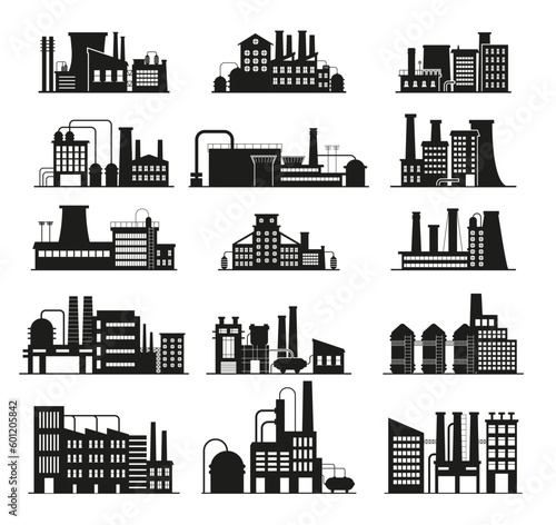 Manufactury, factory and plants vector set. Business buildings. Oil refinery.