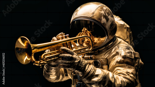 An astronaut with a trumpet playing in space