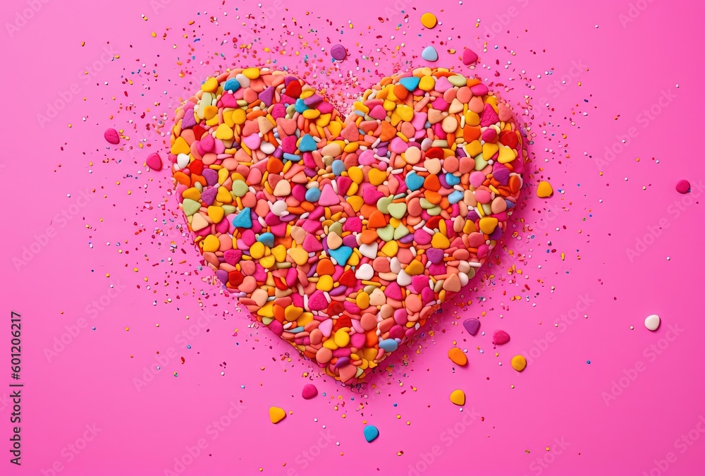 a colorful sprinkle heart on pink background, generative ai