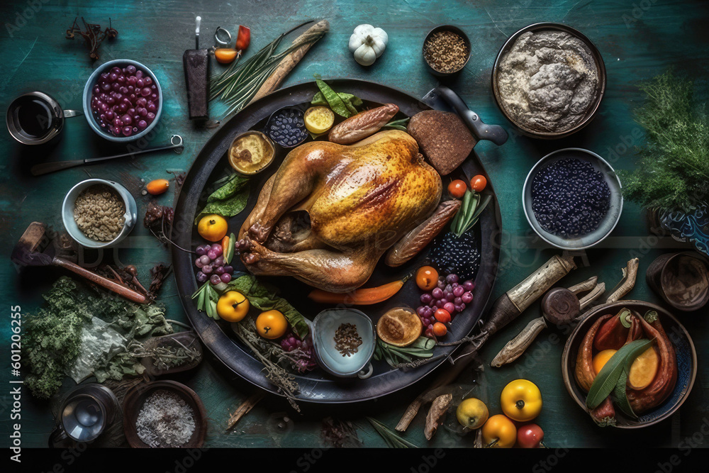 Christmas or Thanksgiving turkey on rustic wooden table. Generative AI Christmas or Thanksgiving turkey on rustic wooden table. Generative AI