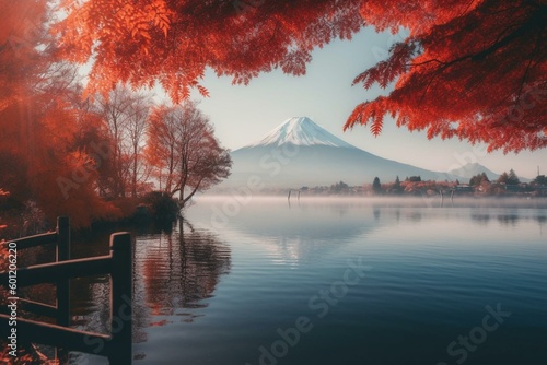 Vibrant fall scenery: Fuji, mist, red leaves & lake. Generative AI