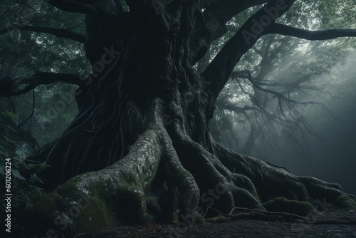Eerie forest tree. Generative AI © Nova