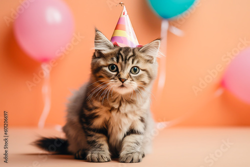 cute cat in a birthday hat sits on the background in the studio, space for text, birthday party. image generated by AI photo