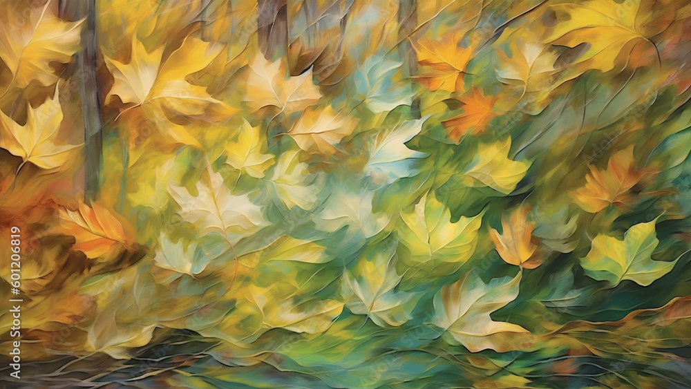 Autumn Leaves Blown Across Forest Floor - Abstract Digital Oil Painting - Generative AI