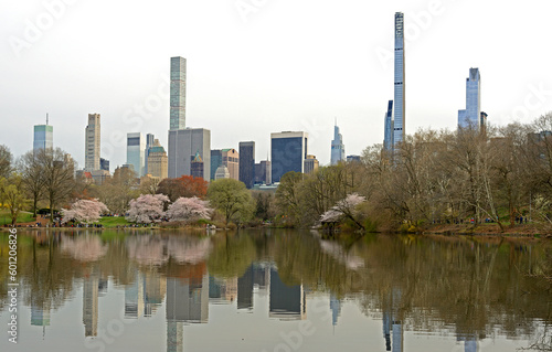 Landscape with Turtle Pond in Central Park and tallest skyscrapers in Manhattan in spring. New York City