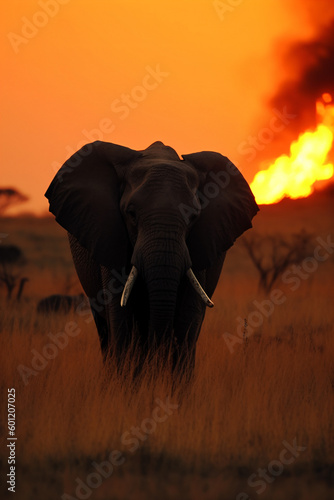 A large elephant walking through a dry grass field on fire Generative Ai