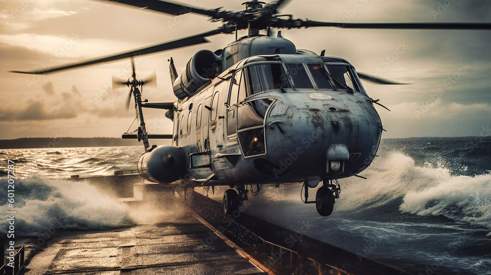 A navy helicopter takes off from an aircraft carrier on the ocean A navy helicopter takes off from an aircraft carrier on the ocean