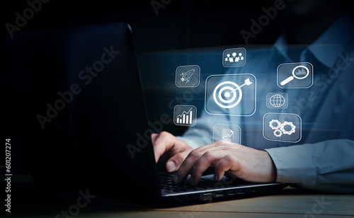 Targeting the business concept, target with digital marketing icons on virtual screen internet network connection, Business goal