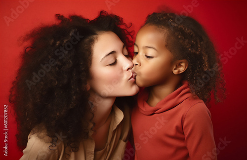 Multiracial mid woman and child kissing on a red background