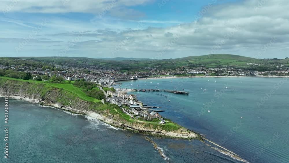 Swanage town and bay. South of England. Cinematic drone flight Swanage town and bay. South of England. Cinematic drone flight