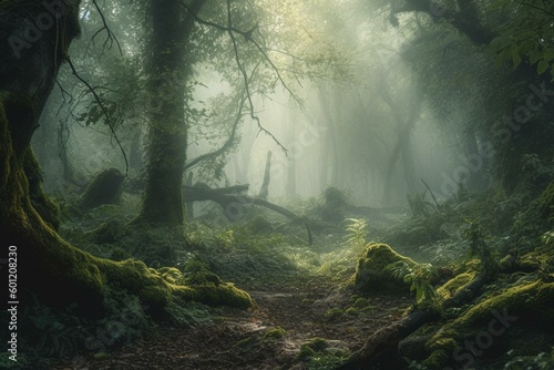 Misty green woodland scene, panoramic landscape. Generative AI