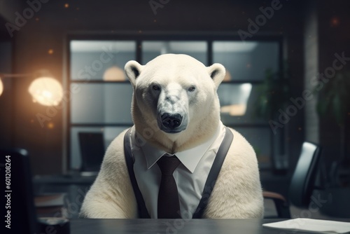 Anthropomorphic Polar bear dressed in a suit like a businessman. Business Concept. AI generated, human enhanced