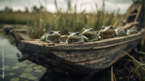Bullfrogs on the edge of a small old wooden boat