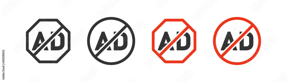 No ads, forbidden icon on light background. Ad blocker symbol. Skip ads, free, advertisement, use for apps, red crossed circle. Flat and colored style. Flat design. Vector illustration. No ads, forbidden icon on light background. Ad blocker symbol. Skip ads, free, advertisement, use for apps, red crossed circle. Flat and colored style. Flat design. Vector illustration.