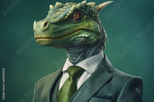 Anthropomorphic dragon dressed in a suit like a businessman. Business Concept. AI generated  human enhanced.