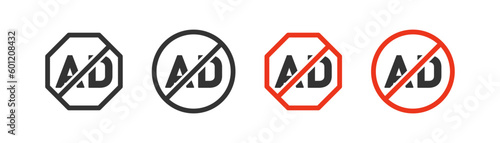 No ads, forbidden icon on light background. Ad blocker symbol. Skip ads, free, advertisement, use for apps, red crossed circle. Flat and colored style. Flat design. Vector illustration.