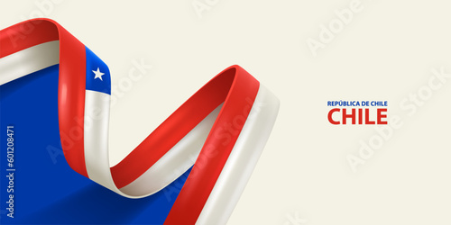 Chile ribbon flag, bent waving ribbon in colors of the Chile national flag. National flag background.