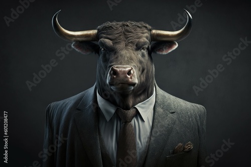 An anthropomorphic bull dressed in a business suit like a boss. AI generated, human enhanced photo