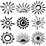 Sun sketch set. Collection of hand drawn suns. Funny doodle abstract sunbeams clipart. Vector illustration.