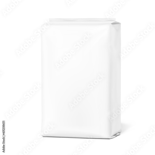 Realistic packaging bag mockup. Half side view. Vector illustration isolated on white background. Ready for use in presentation, promo, advertising on any backgrounds. EPS10.	