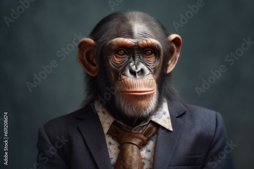 Anthropomorphic chimp dressed in a suit like a businessman. business concept. AI generated, human enhanced