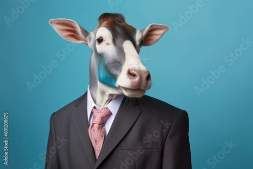 Anthropomorphic cow dressed in a suit like a businessman. business concept. AI generated, human enhanced © top images