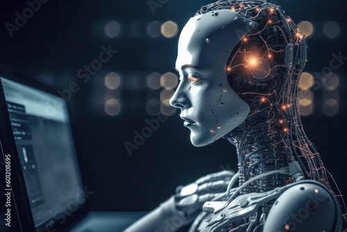 The robot works at the computer. The concept of the development of neural networks. AI generated, human enhanced