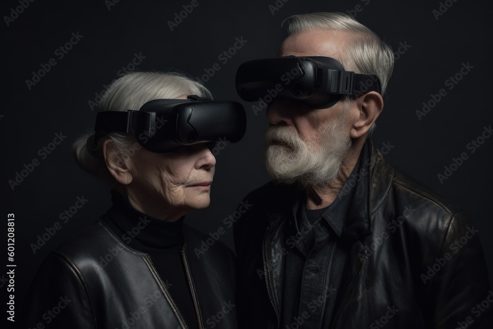 A couple of elderly people wearing virtual reality glasses. VR concept. AI generated, human enhanced A couple of elderly people wearing virtual reality glasses. VR concept. AI generated, human enhanced