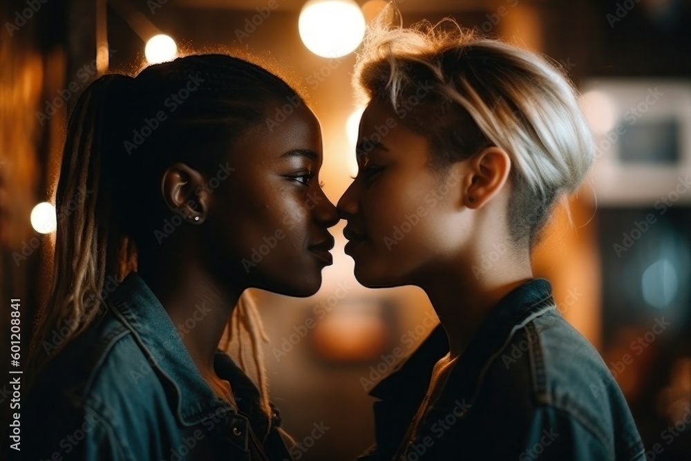 Young lesbian couple in their moment of intimacy at night in the street. AI generated, human enhanced Young lesbian couple in their moment of intimacy at night in the street. AI generated, human enhanced