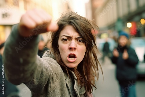 A rowdy woman gets into a street fight. AI generated, human enhanced photo