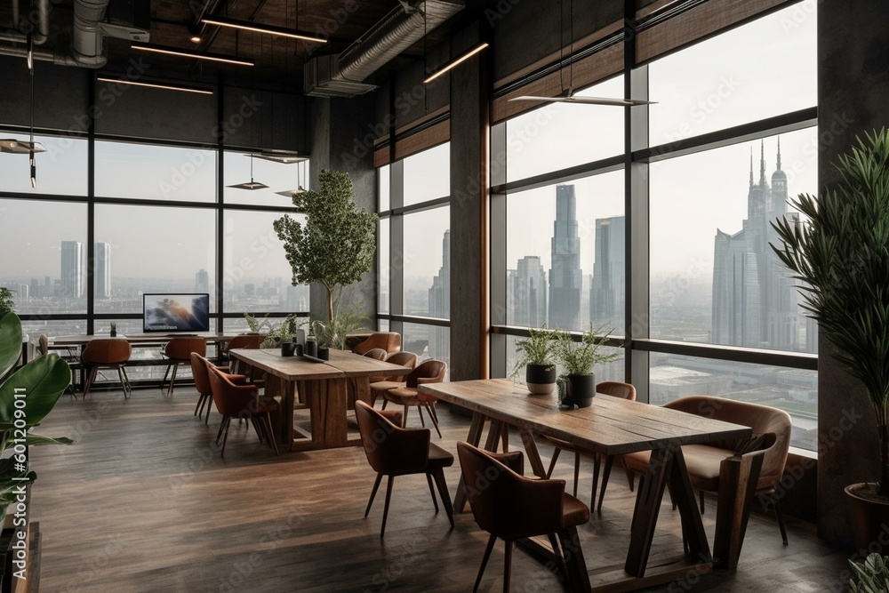 Contemporary coworking space with city vista, wood, concrete, furniture & tech. Idea: Collaborate. Generative AI