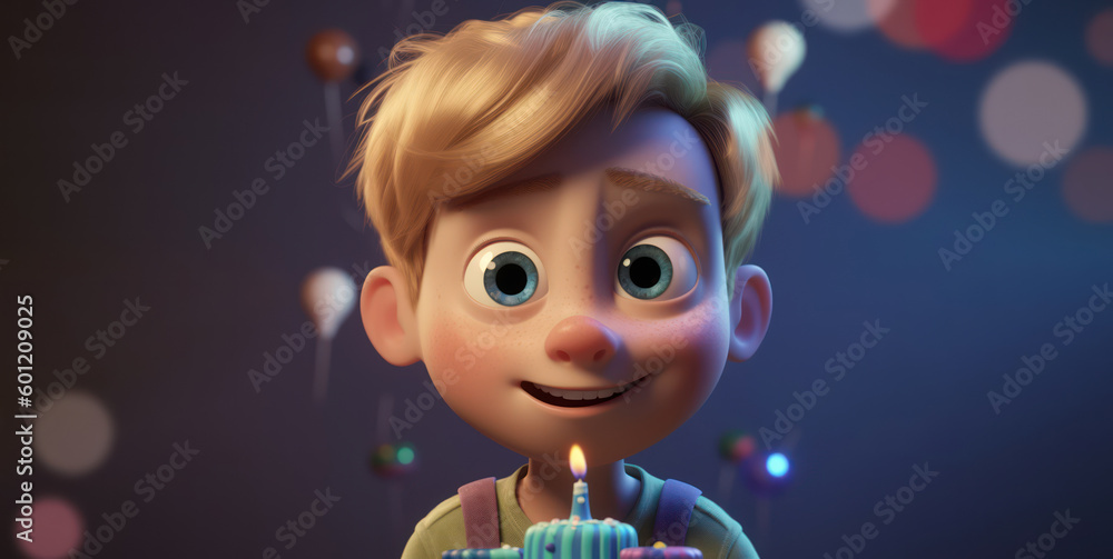 happy little boy holding her birthday cake to enjoy her party as wide banner with copyspace area - Generative AI