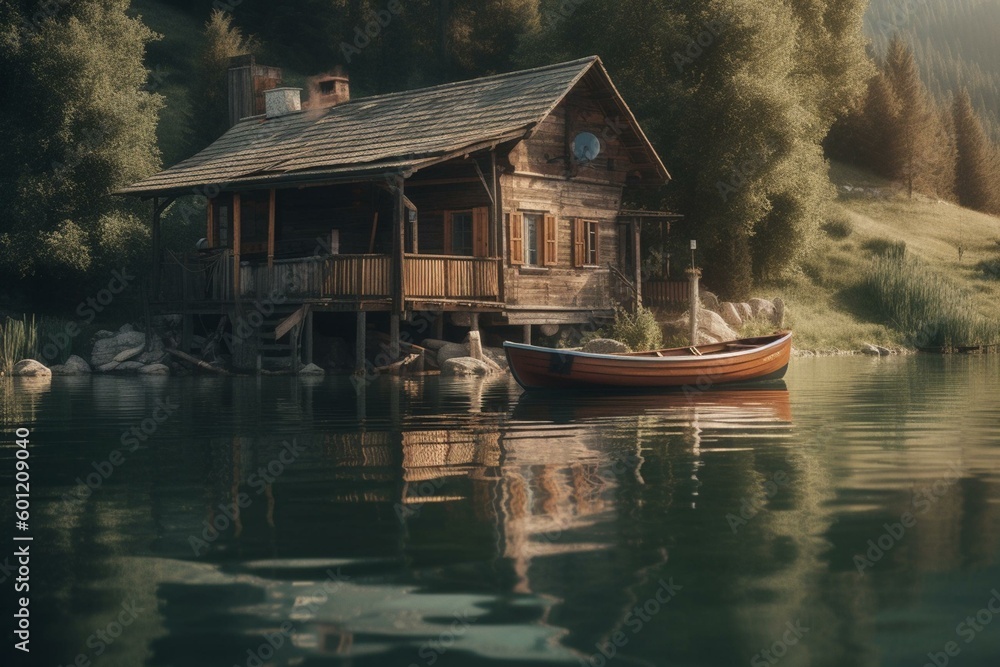 A lake with a boat, mountains, dock & house in the water. Generative AI