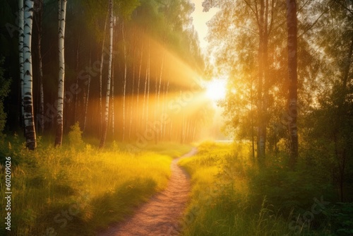 sun rays shining through trees in a forest Generative AI © AkuAku