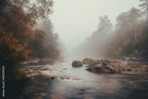Foggy river landscape with vertical mood. Generative AI