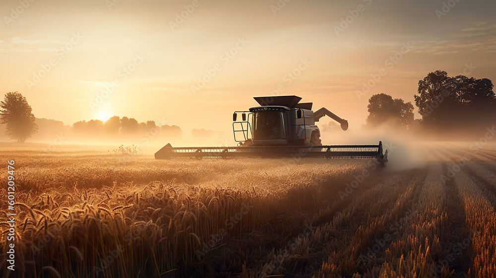 Fototapeta premium Wheat field harvested on a beautiful foggy sunrise