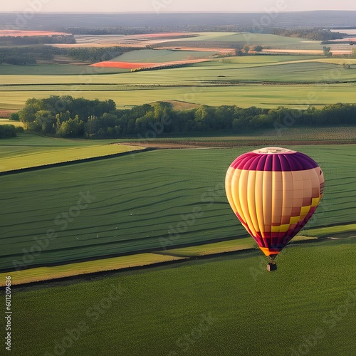 A colorful hot air balloon floating over a patchwork of farmland3, Generative AI