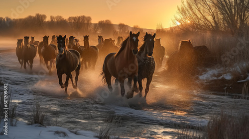 Wild mustangs running in a walley at sunrise © Tommy