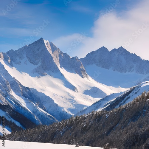 A snowy mountain range with powdery snow and a bright blue sky2, Generative AI