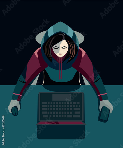 Top view. Hacker with computer on a desktop. Hooded girl with laptop. Hacking connection. Steal information and spread it online
