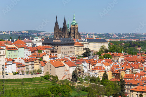 Spring Prague City with gothic Castle and the colorful Nature with flowering Meadows from the Hill Petrin, Czech Republic