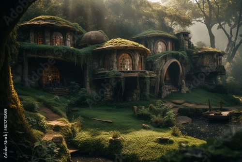 Imagined hobbit homes nestled the woods. Generative AI