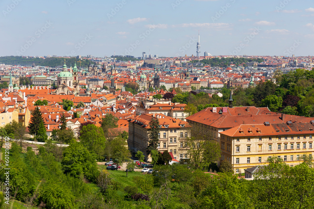 Spring Prague City with St. Nicholas' Cathedral and colorful Nature with flowering Meadows from the Hill Petrin, Czech Republic
