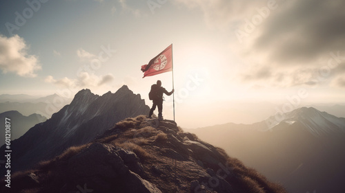 Climber puts a flag on top of a mountain. Generative AI