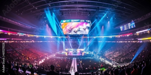 E-sports arena, filled with cheering fans and colorful LED lights Fototapet