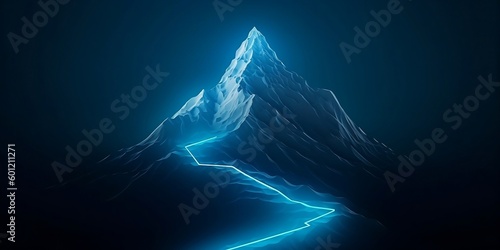 Futuristic mountain with glowing path to the top, generative AI