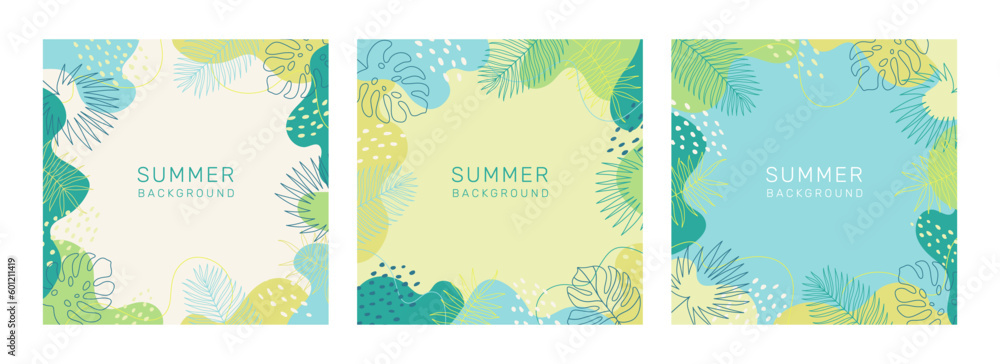 Set of summer backgrounds with tropical palm leaves. Jungle and beach theme. Modern trendy minimal colorful design. Vector template for card, cover, poster, social media post, banner.