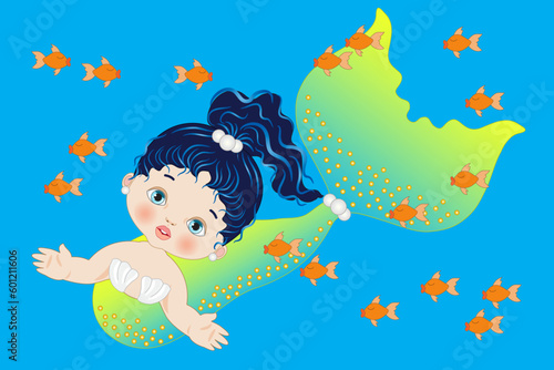 Little mermaid on the light blue background with baby fish