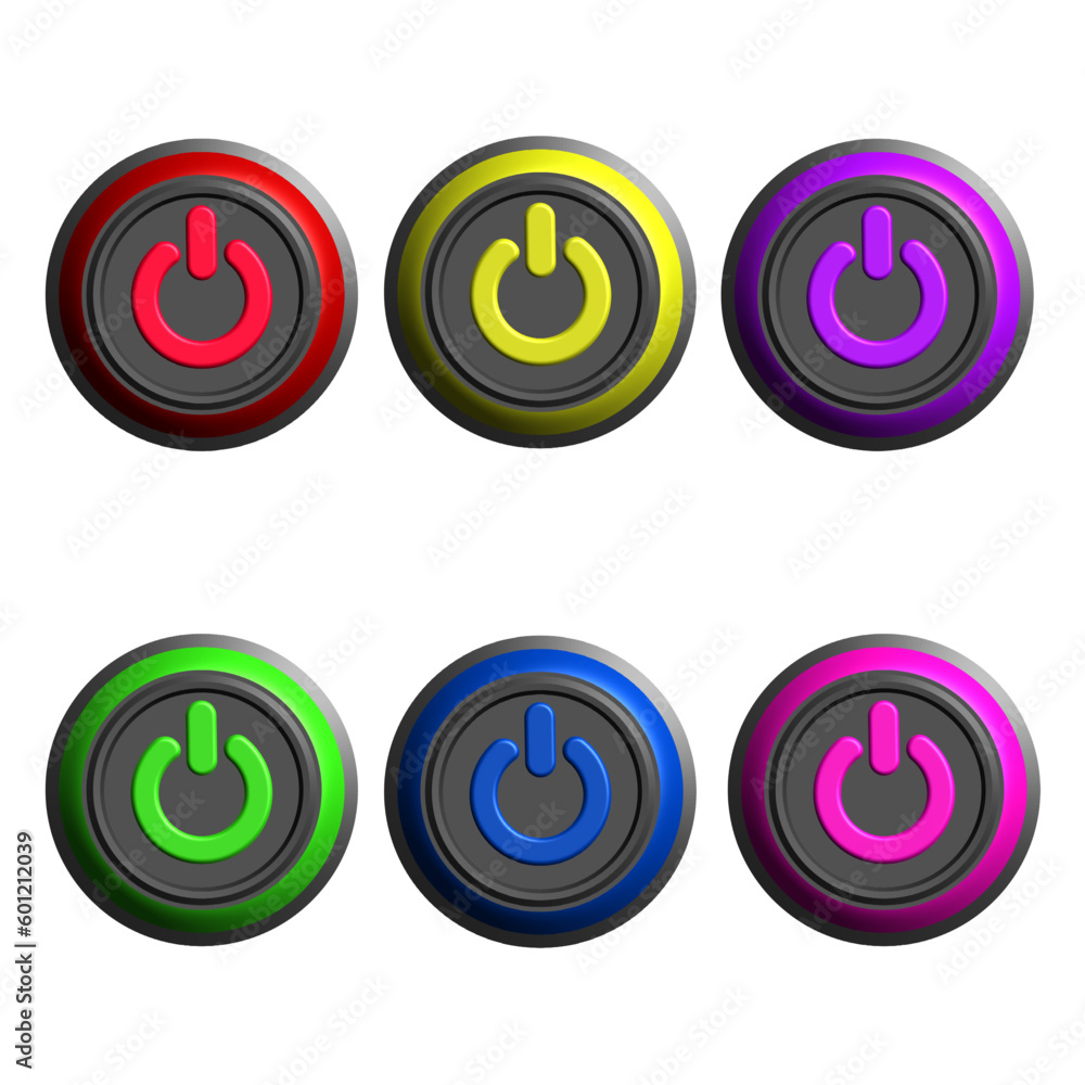 6 multicolored power button web icon on white background. vector illustration.